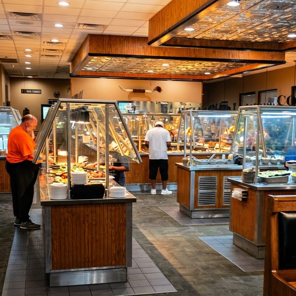 Customers select food from hot and cold buffet stations, including salads, in a restaurant.
