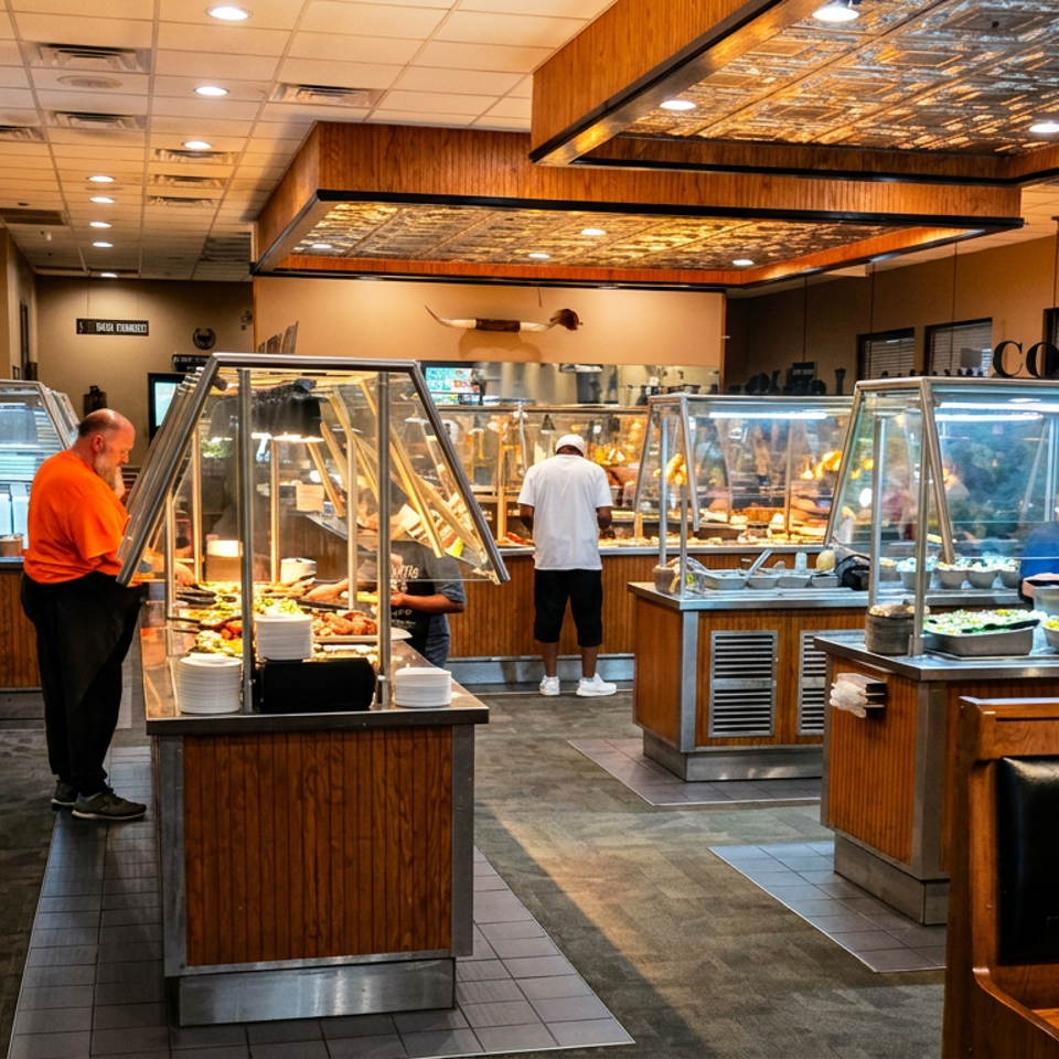 Customers select food from hot and cold buffet stations, including salads, in a restaurant.