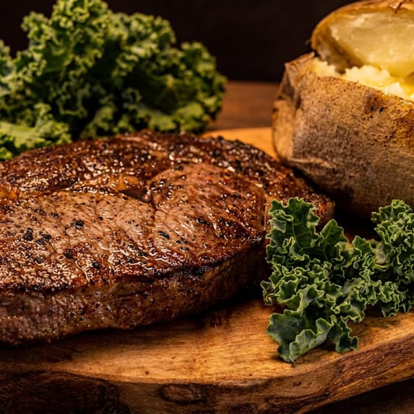 Grilled steak, baked potato with melting butter, and fresh kale on a wooden board.