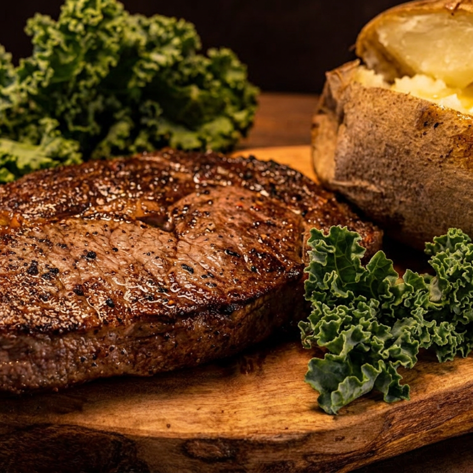 Grilled steak, baked potato with melting butter, and fresh kale on a wooden board.