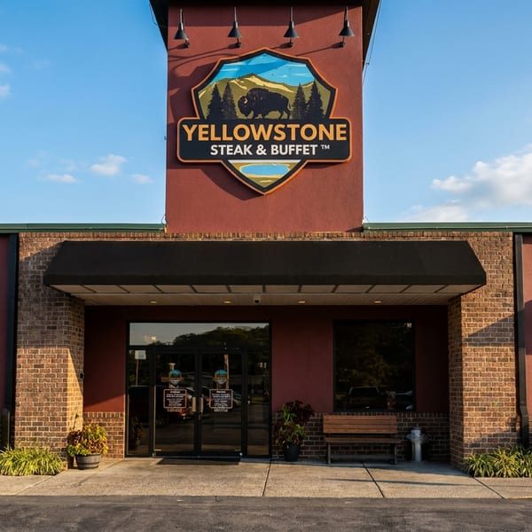 Yellowstone Steak & Buffet restaurant exterior with a prominent bison logo sign and red facade.