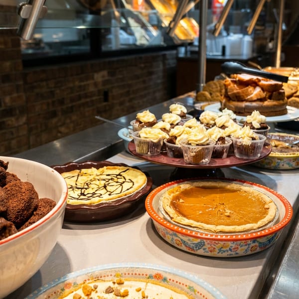 Close-up of a dessert buffet with brownies, pumpkin pie, and frosted cupcakes.