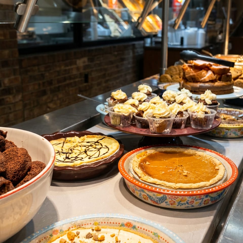 Assortment of desserts including brownies, frosted cupcakes, and pies on a restaurant buffet line.